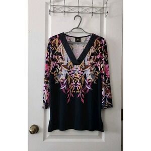 JM Collection Women's Floral V-Neck Tunic Blouse Long Sleeve Blue‎ Pink Size M